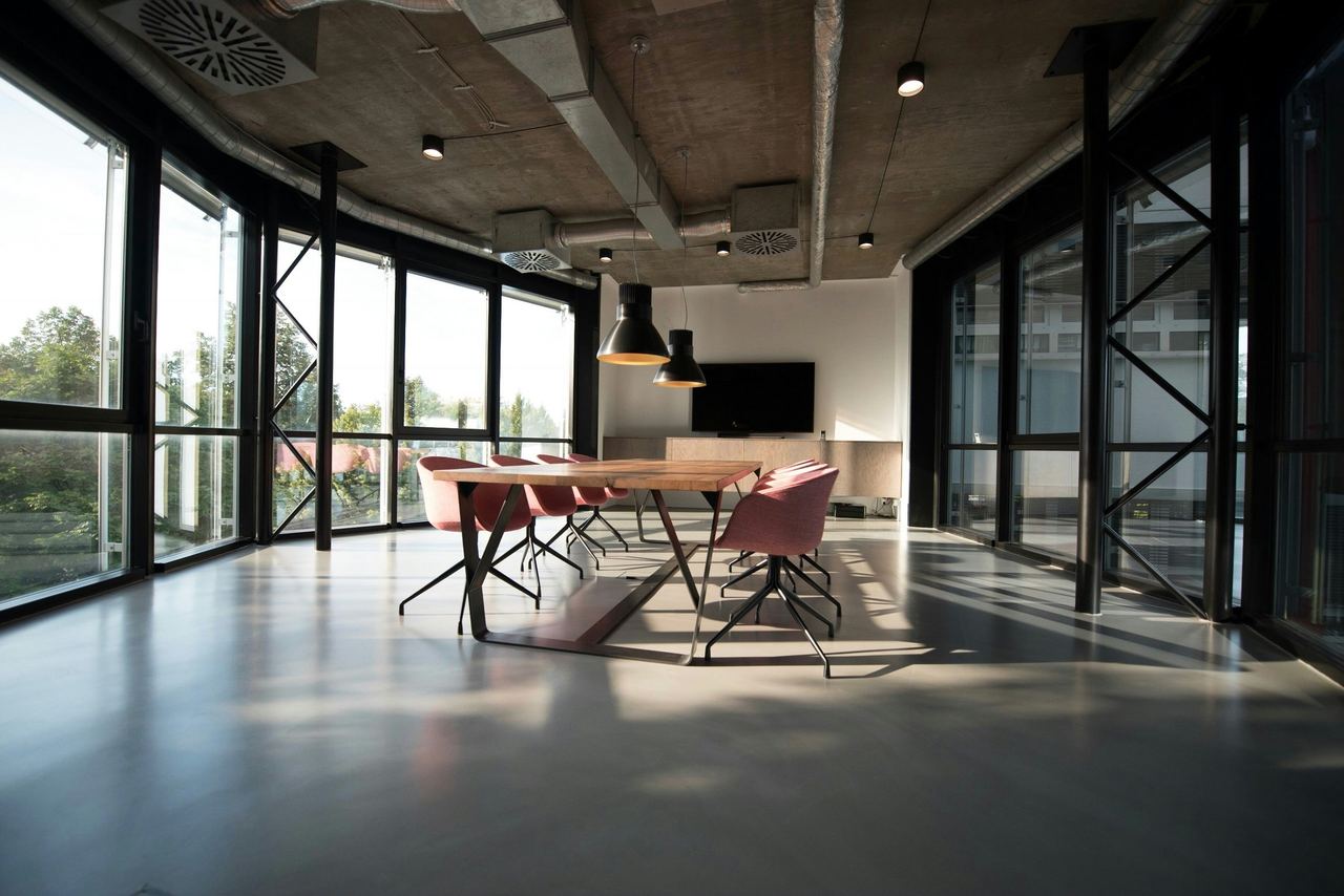 Open plan commercial office with black framed glazing
