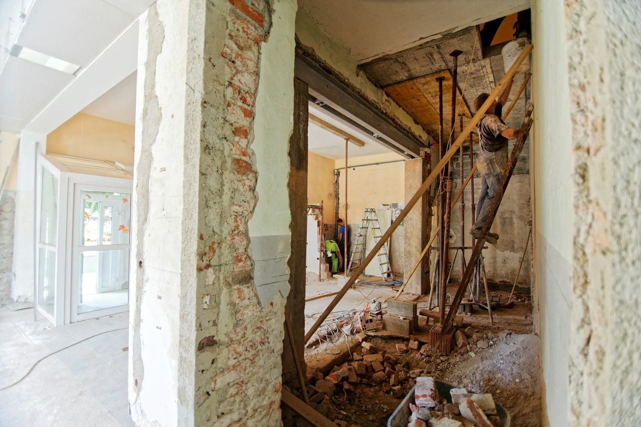 Structural framing exposed during construction works